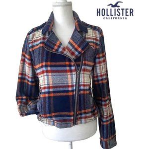 HOLLISTER Women M Moto Jacket Navy Wool Plaid Side Zip Fitted Lined Jacket